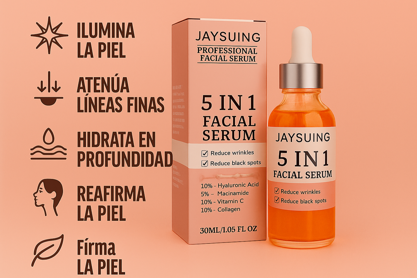 Sérum Facial 5 en 1 con Ácido Hialurónico y Vitamina C – Antiarrugas e Iluminador