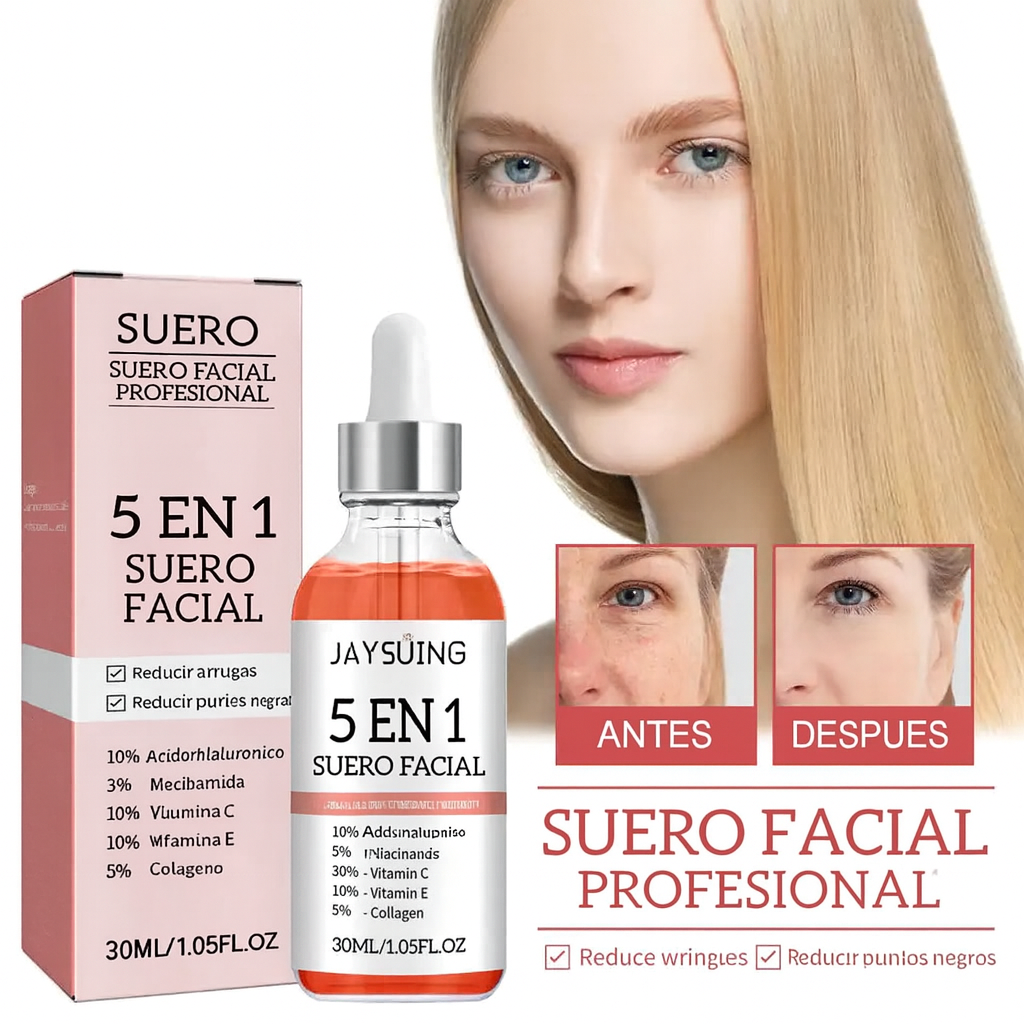 Sérum Facial 5 en 1 con Ácido Hialurónico y Vitamina C – Antiarrugas e Iluminador
