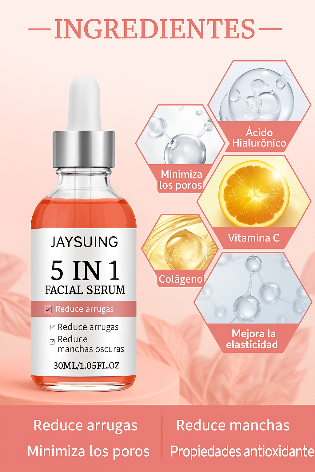 Sérum Facial 5 en 1 con Ácido Hialurónico y Vitamina C – Antiarrugas e Iluminador