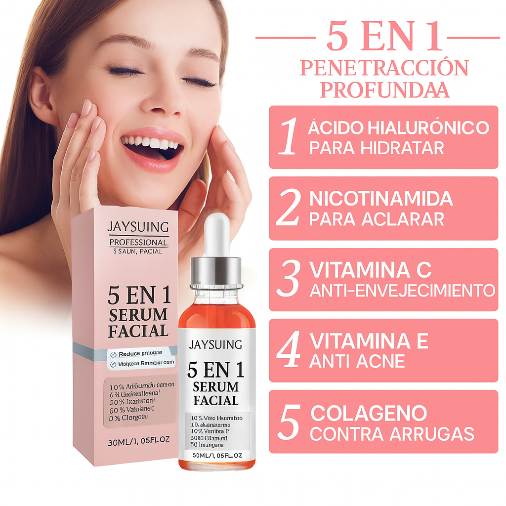 Sérum Facial 5 en 1 con Ácido Hialurónico y Vitamina C – Antiarrugas e Iluminador